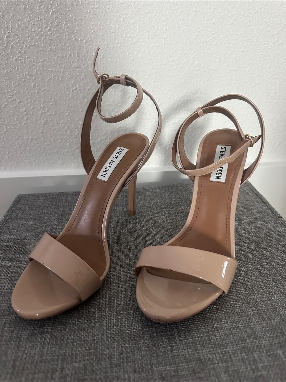 Steve Madden Beige Patent Ankle-Strap Stiletto Sandals